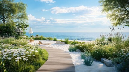 Naklejka premium Serene Coastal Beach Walkway with Lush Greenery and Comfortable Loungers