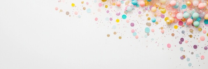 Colorful festive confetti and baubles on white background for celebrations