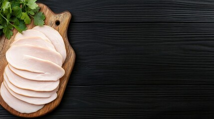 Slices of lean turkey breast accompanied by fresh cilantro on a wooden cutting board in a kitchen setting