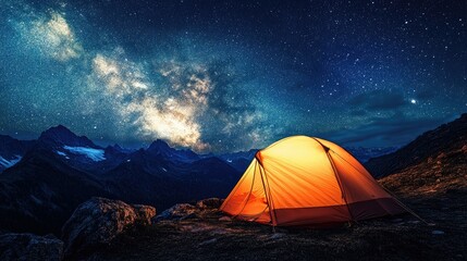 A cozy illuminated tent set on a mountain slope with a stunning starry sky and Milky Way galaxy overhead.