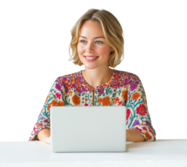 PNG British woman typing on laptop blonde blouse happy.
