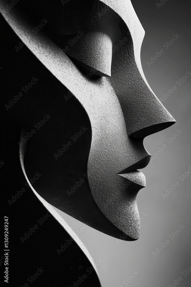 Poster exploring the essence of emotion through abstract sculpture in monochrome forms and elegant lines