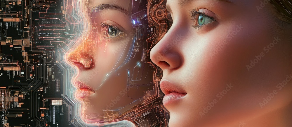 Poster a digital art piece featuring two faces, one human and the other an ai robot with circuitry patterns
