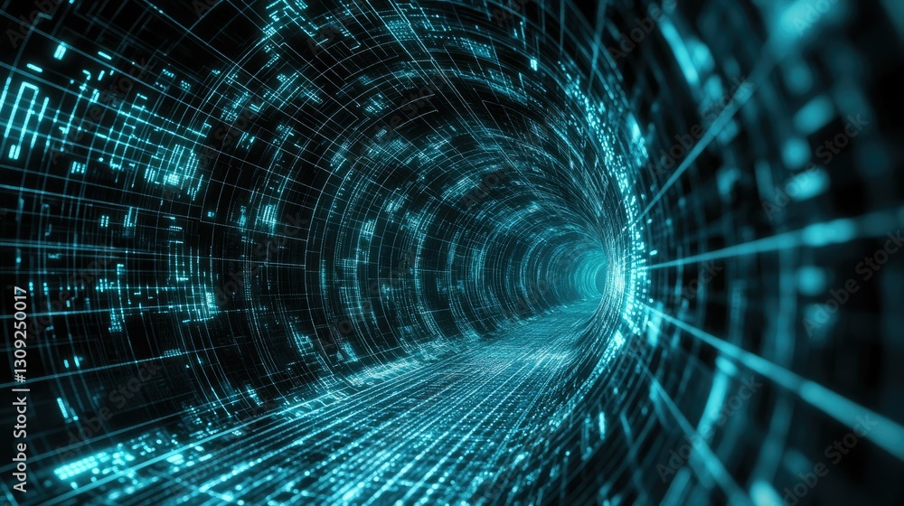 Poster a digital cyber wireframe tunnel in 3d, featuring geometric grid patterns and a sci-fi-inspired pers