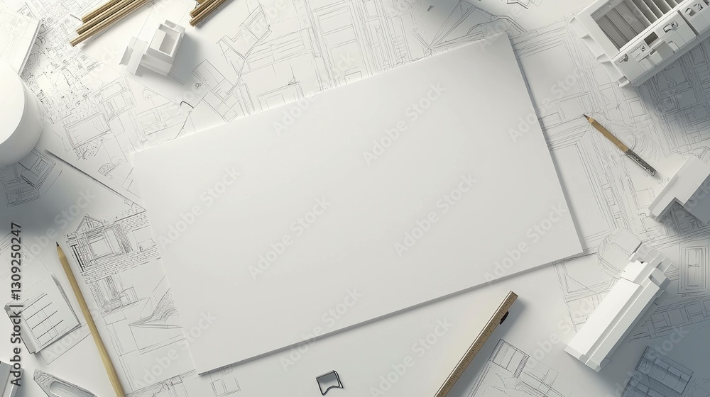 Poster empty white canvas on architectural blueprints, surrounded by drafting tools, ideal for design conce