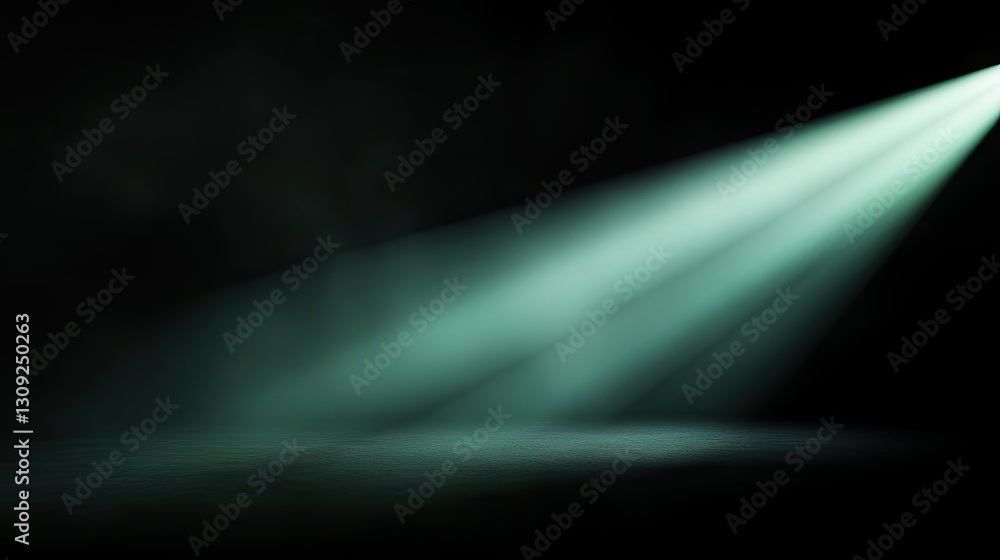 Poster a dramatic asymmetric green light beam scattering across a dark background with smooth gradient effe
