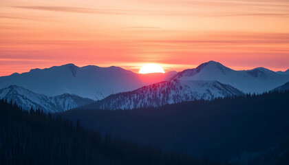 Majestic Sunrise Over Snowy Mountain Peaks Serene Landscape Breathtaking View Nature Photography