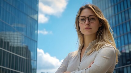 Woman poses arms crossed outside glass building on sunny day use for business website