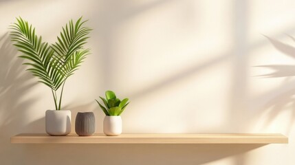 Minimalist home decor  Two potted plants on a light wood shelf against a white wall with sunlit shadows.