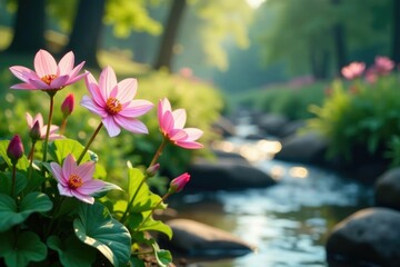 Pink and white flowers sway in the breeze beside a calm stream, hazy, dewy