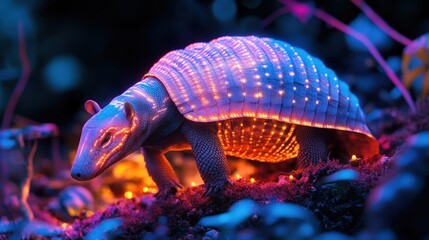 Obraz premium Illuminated armadillo in lush forest nature scene fantasy environment close-up view vibrant concepts