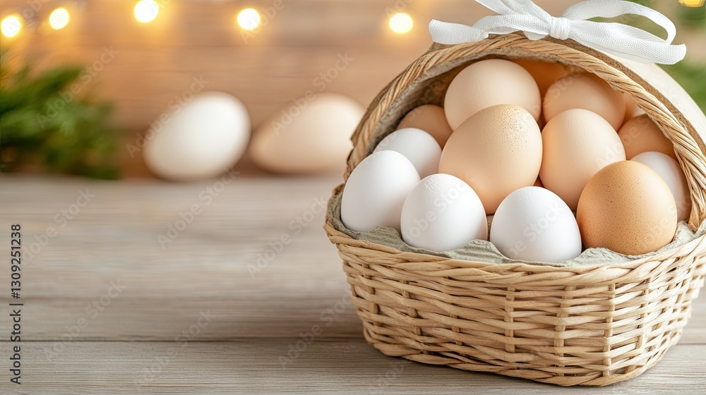 Poster basket filled with various eggs displayed on a wooden surface adorned with soft lights in a cozy set