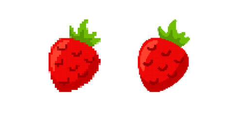 Two pixel-art strawberries with green leaves and vibrant red shades showing small seeds.