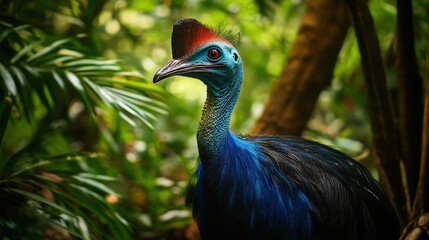 Obraz premium Vibrant cassowary bird in dense rainforest wildlife photography lush environment close-up perspective