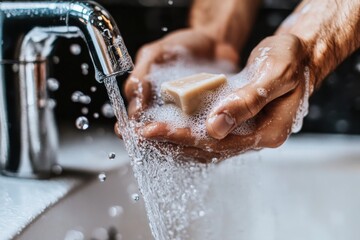 Fototapeta premium Clear Water Flowing Over Hands While Holding Soap Bar in Bathroom