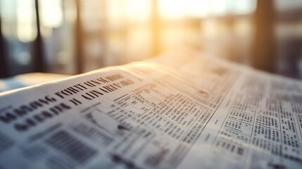 Close-up of financial newspaper headlines under warm morning light, crisp black text on white paper, sharp focus on bold market updates, blurred edges