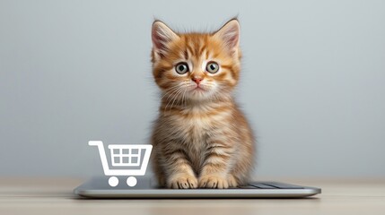 Cute kitten sitting on laptop with shopping cart icon in soft lighting