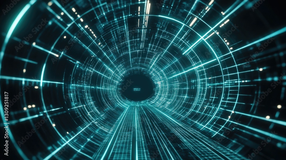 Poster a futuristic 3d wireframe tunnel with glowing grid lines, creating a deep cyberpunk-style visual ill