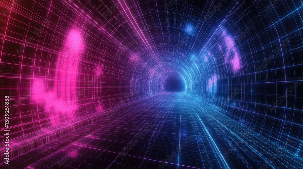 Poster a futuristic 3d wireframe tunnel with glowing grid lines, creating a deep cyberpunk-style visual ill