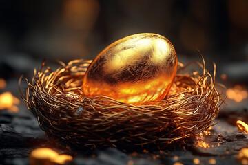 Obraz premium A golden egg with decorative patterns sits elegantly in a nest, surrounded by warm glowing lights, Easter Sunday luxury greeting card concept. copy space