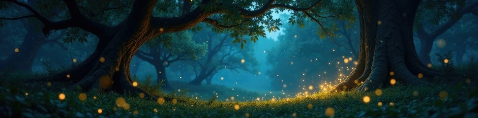 Naklejka premium Twinkling fireflies dance among ancient trees, woods, glowing lights, branches