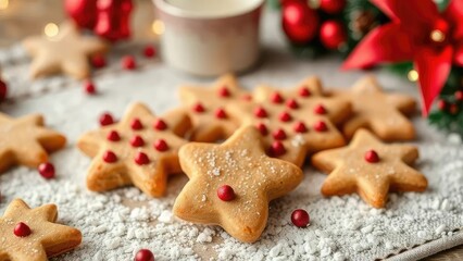 Fototapeta premium Christmas cookie baking with red and green decorations, christmas, decorating