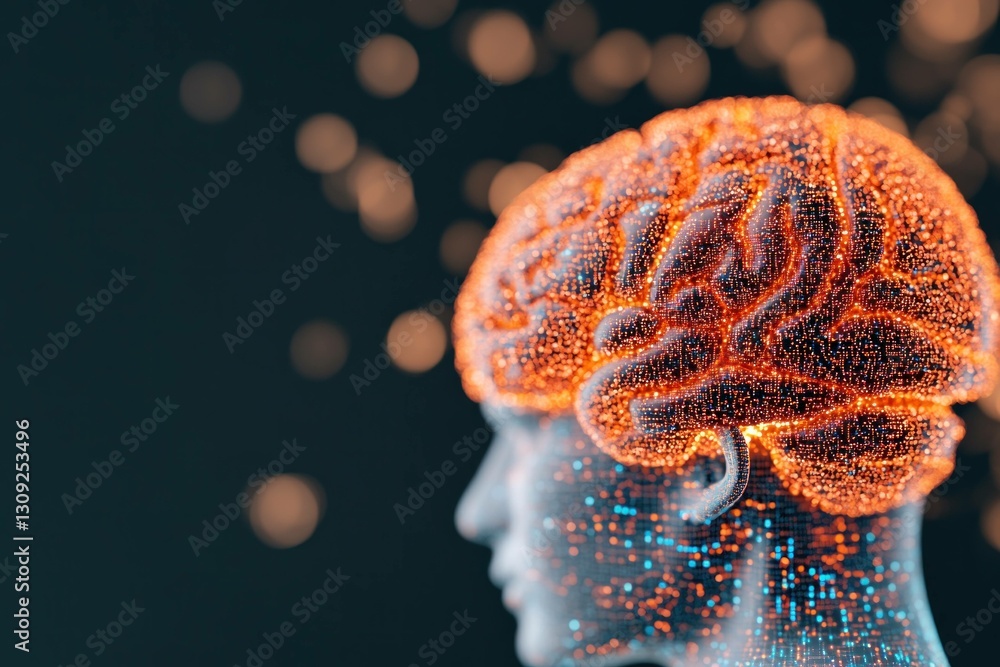Poster futuristic brain illustration depicting cognitive processes with vibrant colors and abstract particl