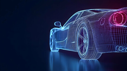 Blue And Pink Glowing Digital Car Wireframe On Dark Background
