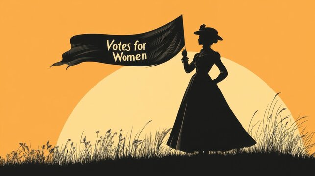 Silhouette of suffragette holding Votes for Women flag at sunset - Powered by Adobe
