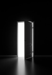 An open white door in the center of an empty room with a black background.