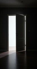 An open white door in the center of an empty room with a black background.
