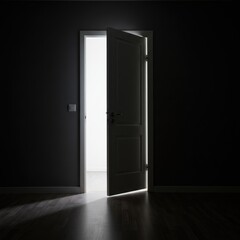 An open white door in the center of an empty room with a black background.