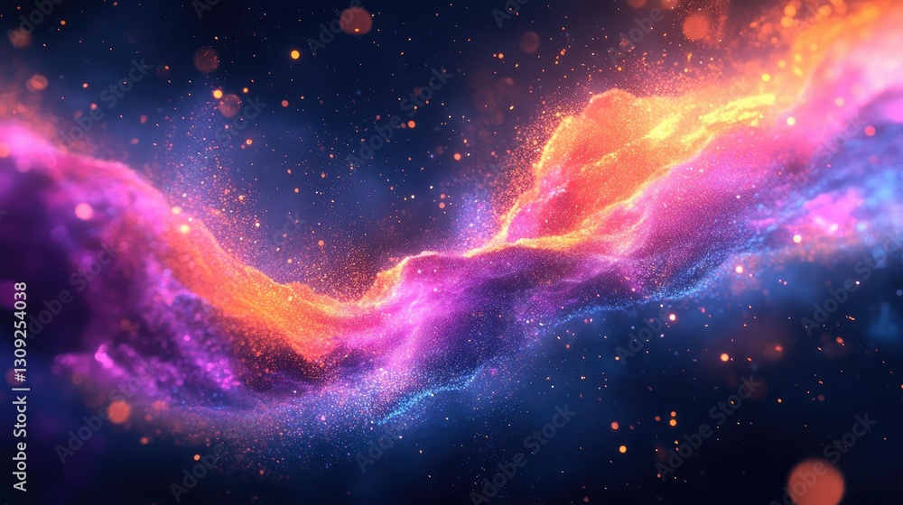 Poster a high-energy wave of colorful particles dynamically swirling in space, creating a vibrant and moder