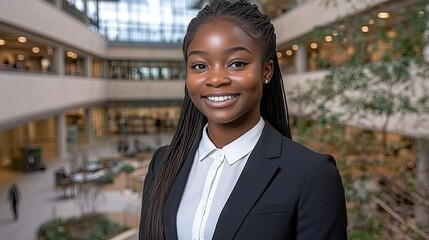 Young professional poses confidently in modern corporate environment showcasing a bright future in business and leadership