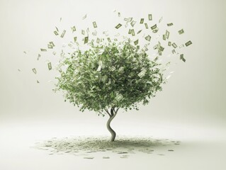 Money tree concept with bills blowing in wind on light background