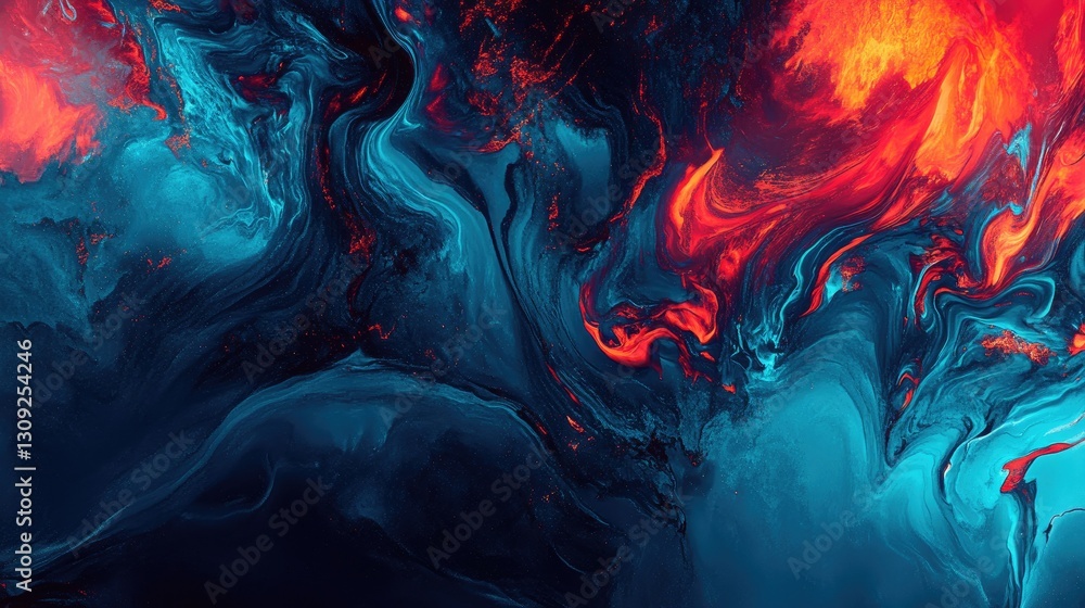 Poster A high-quality abstract digital design with glowing blue and red waves creating a smooth, futuristic effect.
