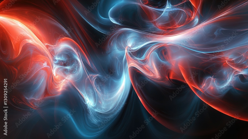Poster a high-quality abstract digital design with glowing blue and red waves creating a smooth, futuristic