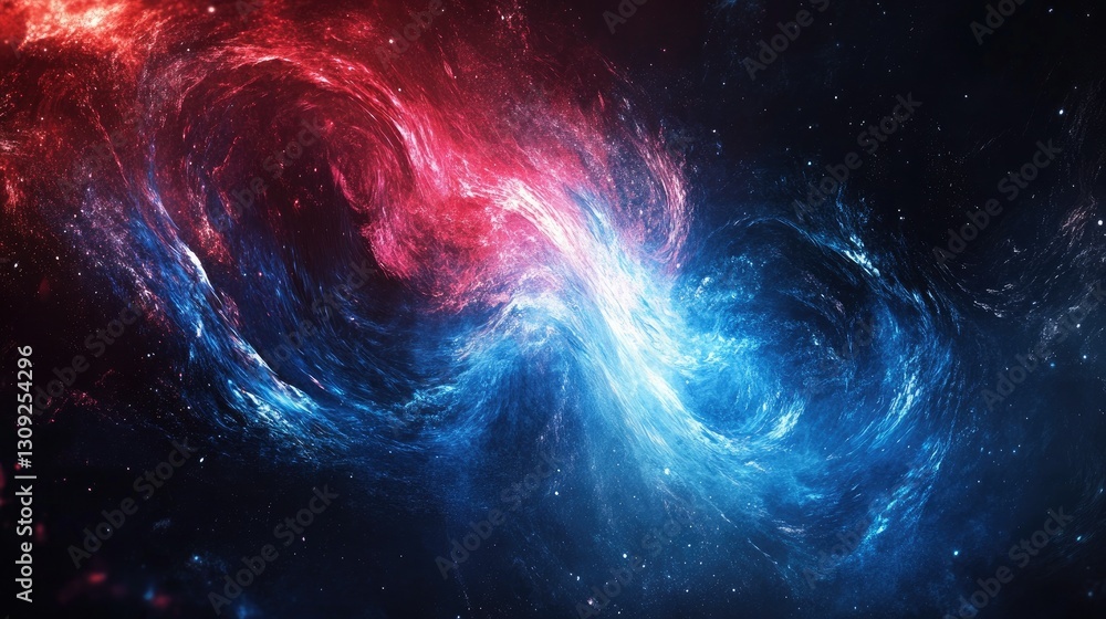 Poster a high-quality abstract digital design with glowing blue and red waves creating a smooth, futuristic