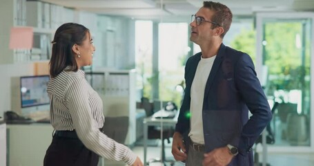 Business, people and welcome handshake in office for meeting, client collaboration and onboarding process. Digital agency, inbound advisor and b2b introduction for rebranding project and opportunity