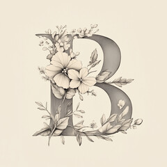 monochrome B capital letter 'B' in a sleek with floral elements within its structure