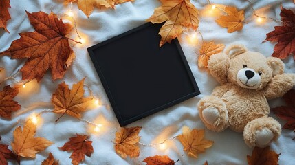 Top view of a pregnancy announcement setup, black letter board with bold white text, soft plush teddy bear, golden fairy lights, rustic wooden floor background