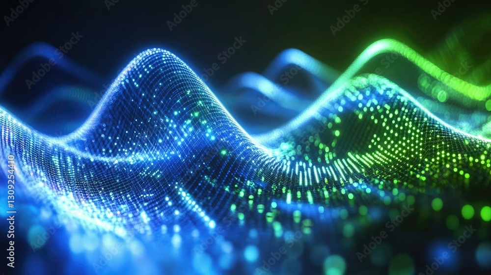 Poster a high-tech abstract scene with neon blue and green particles forming a digital wave with networking