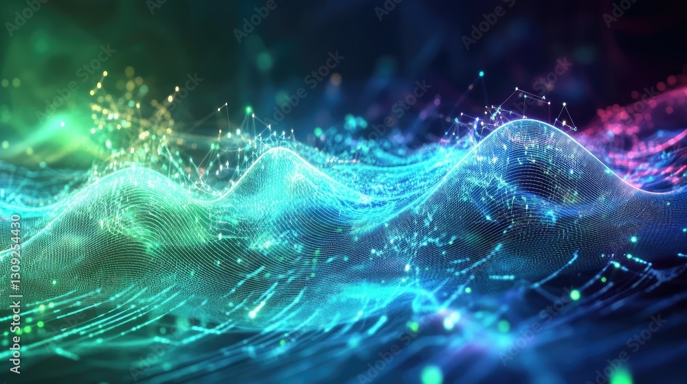 Poster a high-tech abstract scene with neon blue and green particles forming a digital wave with networking