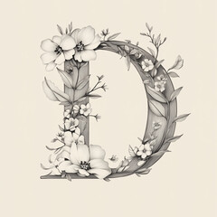 monochrome A capital letter 'D' in a sleek with floral elements within its structure