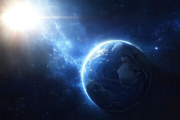 Stunning View of Earth from Space with Bright Sunlight and Stars