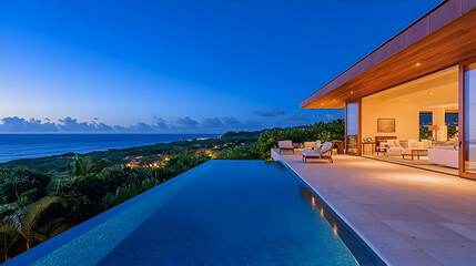 Fototapeta premium Luxury Villa With Infinity Pool Overlooking Ocean At Twilight