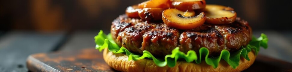 Grilled burger with caramelized onions and mushrooms, grill, foodie