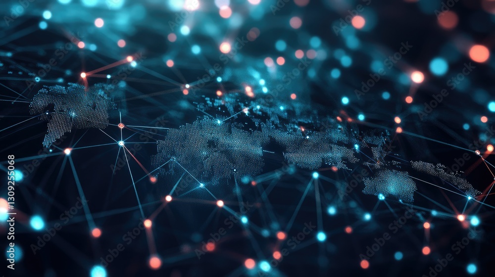 Poster a high-tech representation of global connectivity, featuring pulsating data nodes in an abstract fut