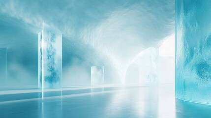 Frozen interior with smooth ice walls and a reflective floor, subtle frost textures, soft blue lighting, ethereal winter ambiance, abstract 3D design, wide-angle shot, slightly blurred depth. 