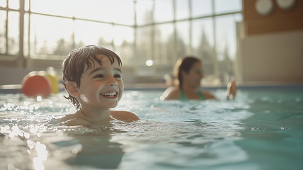 joyful child around 5 7 years old swimming in pool, enjoying water with smile. background features woman swimming, creating fun atmosphere